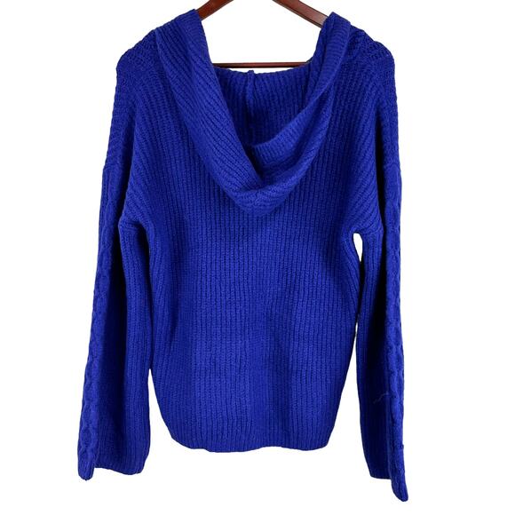 Kikit NWT Cable Knit V-Neck Hoodie Sweater Size L Blue Ribbed Trim Cozy Fuzzy - Picture 2 of 8